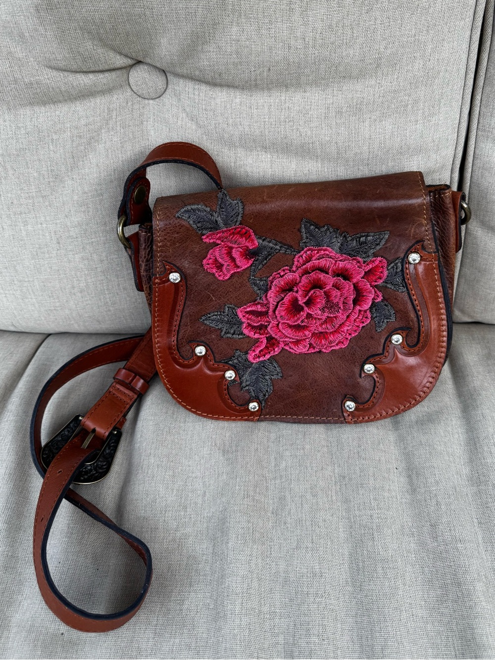 Patricia Nash Leather Rose Saddle Bag with Stud Detailing